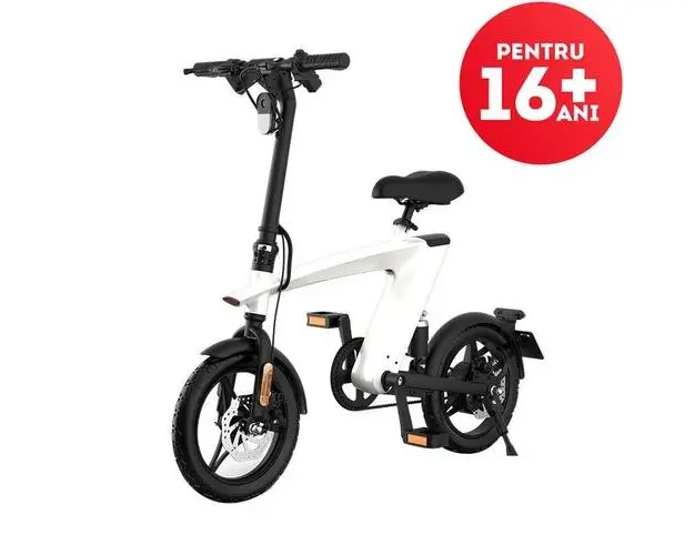 Bicicleta electrica iSEN H1 Flying Fish, Viteza maxima 25Km/h, Autonomie full electric 25 - 35Km, Motor 250W, IP54, roti 14inch (Alb)