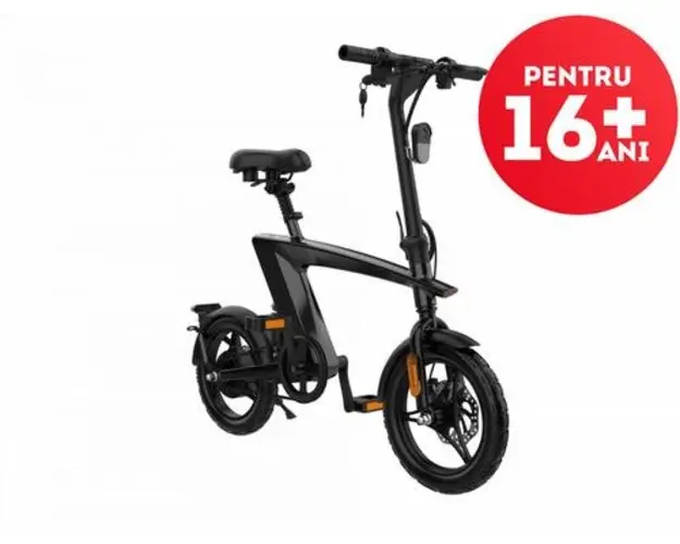 Bicicleta electrica iSEN H1 Flying Fish, Viteza maxima 25Km/h, Autonomie full electric 25 - 35Km, Motor 250W, IP54, roti 14inch (Negru) 