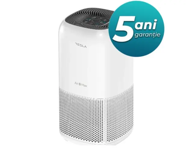 Purificator de aer Tesla Air6 MAX, CADR 400 m3/h, Wi-Fi, Senzor calitate aer, Sleep Mode, Timer, Filtru HEPA+Carbon Activ+Catalyst, Lumina UV-C, Alb