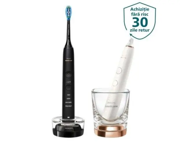 Set 2 periute electrice sonice Philips Sonicare DiamondClean 9000 HX9914/57, Functie BrushSync, 4 moduri de periere, 3 nivele de intensitate, 2 capate de periere (Negru/Rose Gold)