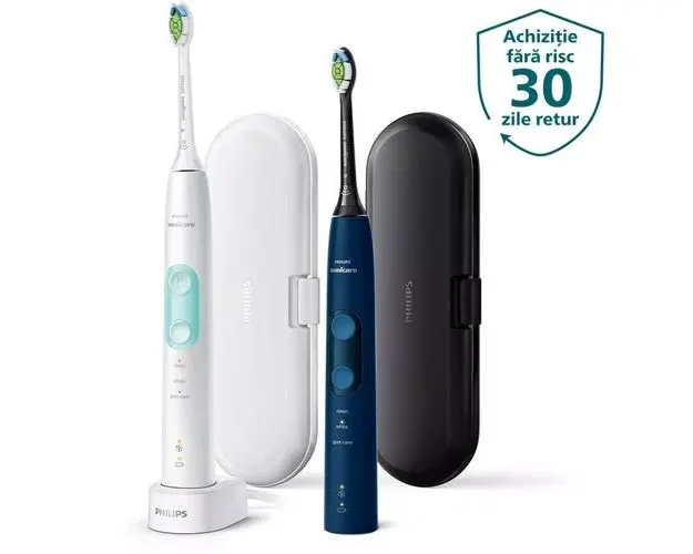 Set 2 periute Philips ProtectiveClean 5100 HX6851/34, 2 manere, 2 W2 Optimal White, 2 tocuri, 1 incarcator, 3 moduri periere, Senzor presiune, BrushSync, Rezistenta apa IPX7, Mint White and Dark Blue