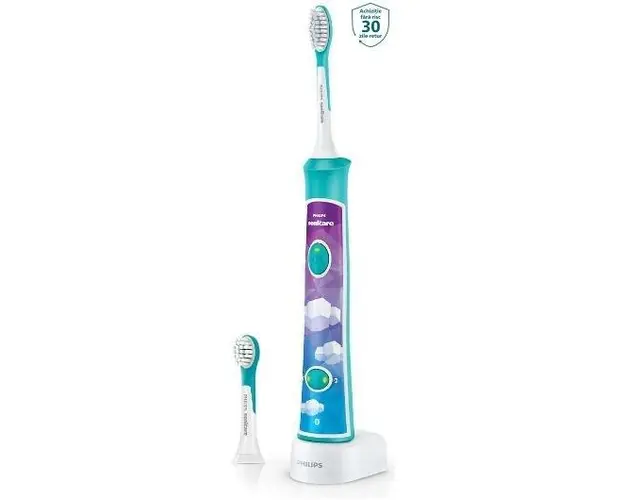 Periuta de dinti electrica Philips Sonicare Kids HX6322/04, Conectivitate Bluetooth® cu aplicatie de consiliere, 2 capete, 8 etichete de personalizare, Alb/Albastru