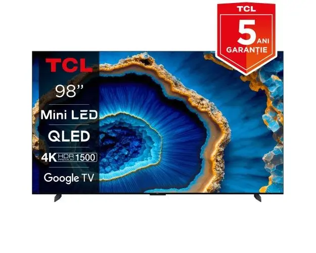 Televizor QLED MiniLED TCL 248 cm (98inch) 98C805, Ultra HD 4K, Smart TV, Google TV, WiFi, CI+, Clasa G, 144 Hz (Model 2023)