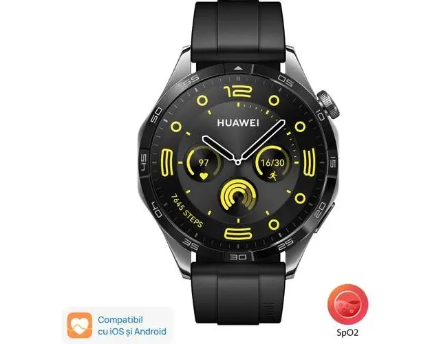 Smartwatch Huawei Watch GT 4, Ecran 1.43inch, 46mm, Bluetooth, Curea Fluoroelastomer, Waterproof 5 ATM (Negru)