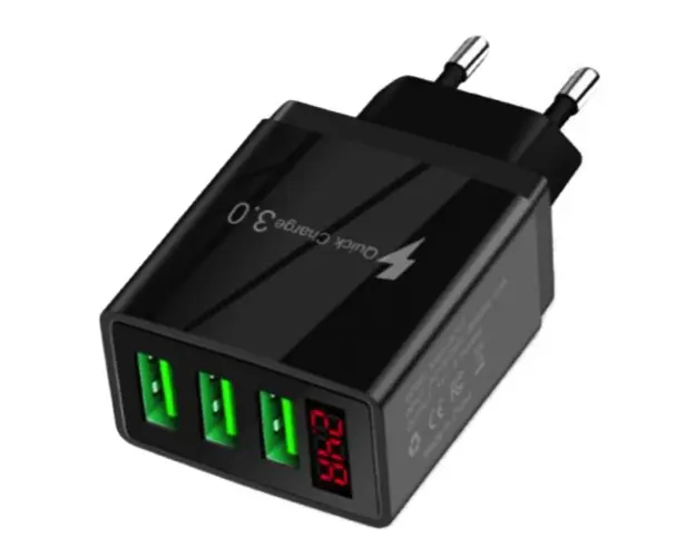 Incarcator PRIZA 3 USB cu DISPLAY LED Inteligent negru Adaptor 220V