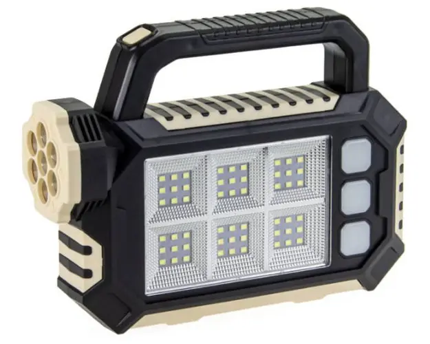 Lanterna solara HS-8029-7-A multifunctionala cu 3 surse de lumina: 7 LED-uri SMD in fata, 54 LED-uri SMS pe lateral, 3 mini panouri LED-uri pe lateral