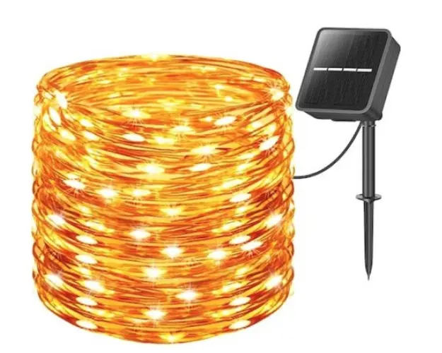 Instalatie cu incarcare solara ALB CALD cu fir cupru 100 led 10 metri