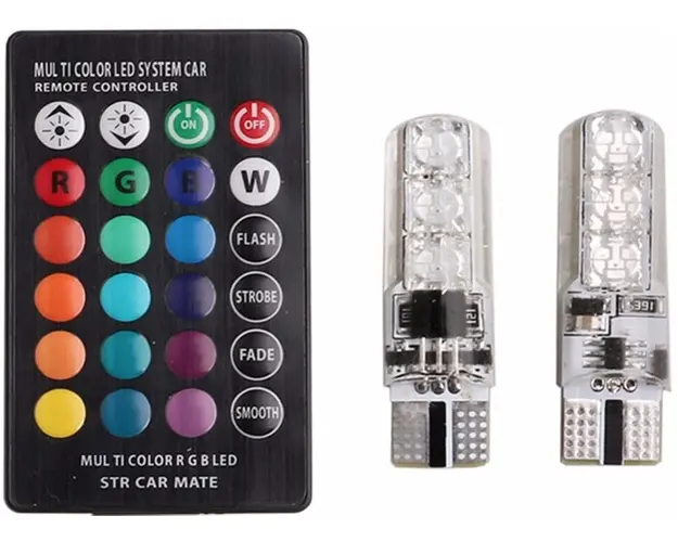 Set 2 becuri T10 LED auto RGB cu telecomanda putere 2W