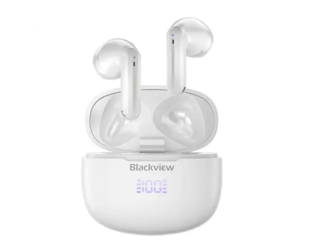Casti wireless semi-in-ear Blackview AirBuds 7 TWS Alb cu cutie de incarcare, Display LED, Control tactil, Incarcare wireless, ENC, DNS