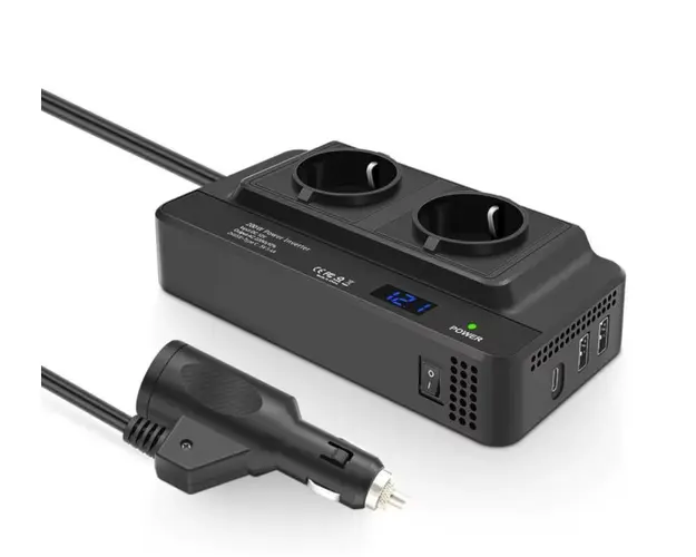 Invertor de Tensiune de la Priza Auto iSEN 8300-2, 24V la Priza EU Dubla 230V, Putere 200W, 2 x Porturi USB, 5.4A, Suport PD, Afisaj Digital