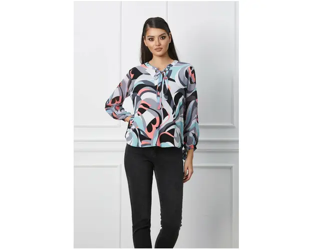 Bluza Manuela gri cu imprimeu bleu si corai