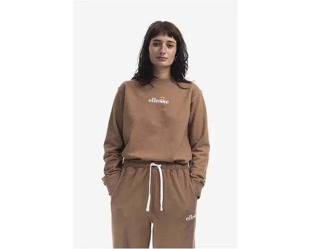 Ellesse hanorac de bumbac Sappan Sweatshirt femei, culoarea maro, cu imprimeu SGM13149-BROWN