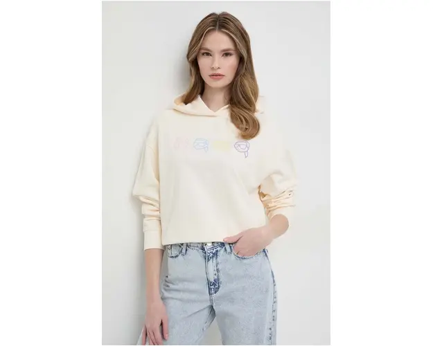 Karl Lagerfeld hanorac de bumbac femei, culoarea bej, cu gluga, cu imprimeu