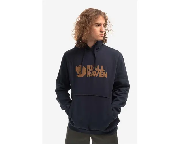 Fjallraven hanorac de bumbac barbati, culoarea bleumarin, cu gluga, cu imprimeu F84144.555-555