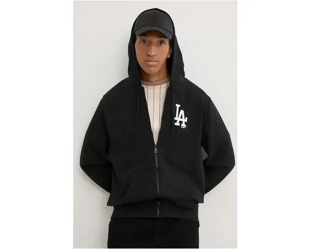 New Era bluza LOS ANGELES DODGERS barbati, culoarea negru, cu gluga, cu imprimeu, 60416719