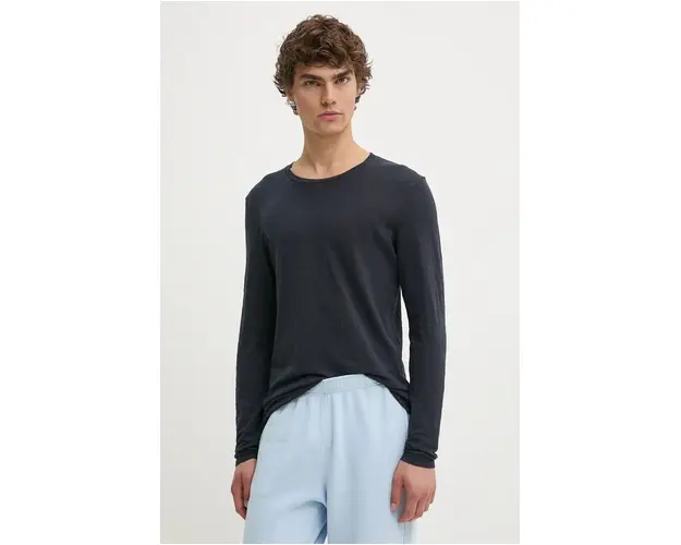 American Vintage longsleeve din bumbac culoarea albastru marin, neted