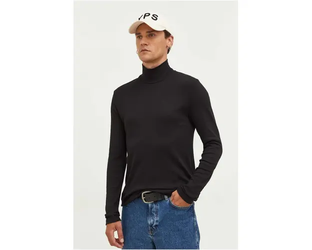 Samsoe Samsoe longsleeve din bumbac culoarea negru, uni