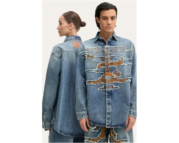 Y/Project camasa jeans EVERGREEN PARIS' BEST PATCH DENIM SHIRT cu guler clasic, relaxed, 207SI002