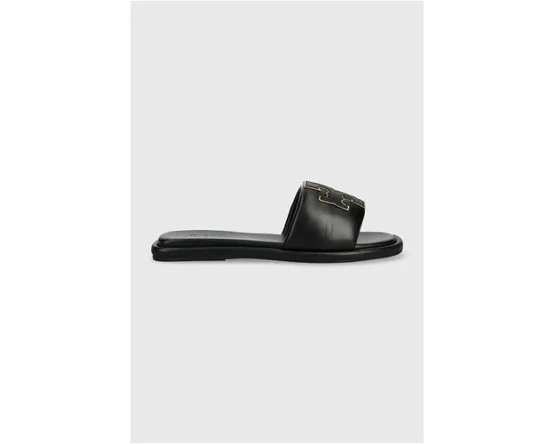 Tory Burch slapi de piele Double T Sport Slide femei, culoarea negru, 79985