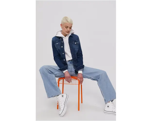 Tommy Jeans Geaca jeans femei, culoarea albastru marin, de tranzitie
