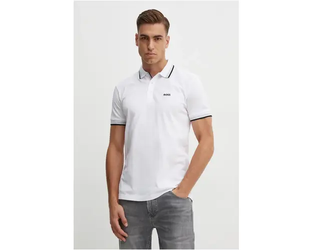 Boss Green polo de bumbac culoarea alb, neted, 50469055