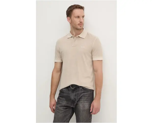 Boss Orange polo de bumbac culoarea bej, neted, 50507813