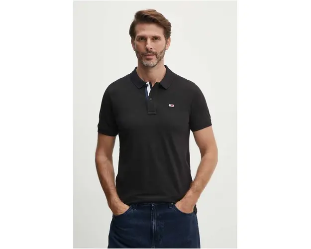 Tommy Jeans polo de bumbac culoarea negru, neted, DM0DM15370
