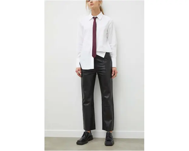 Day Birger et Mikkelsen pantaloni de piele femei, culoarea negru, drept, high waist