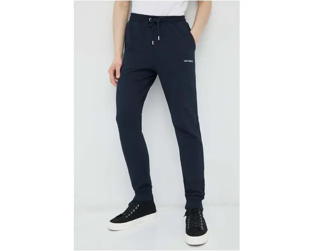 Les Deux pantaloni de trening din bumbac culoarea albastru marin, cu imprimeu