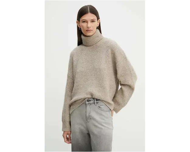 Gestuz pulover femei, culoarea bej, cu guler, 10909333