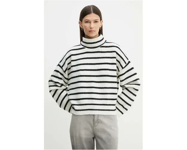 Gestuz pulover femei, culoarea bej, cu guler, 10909345