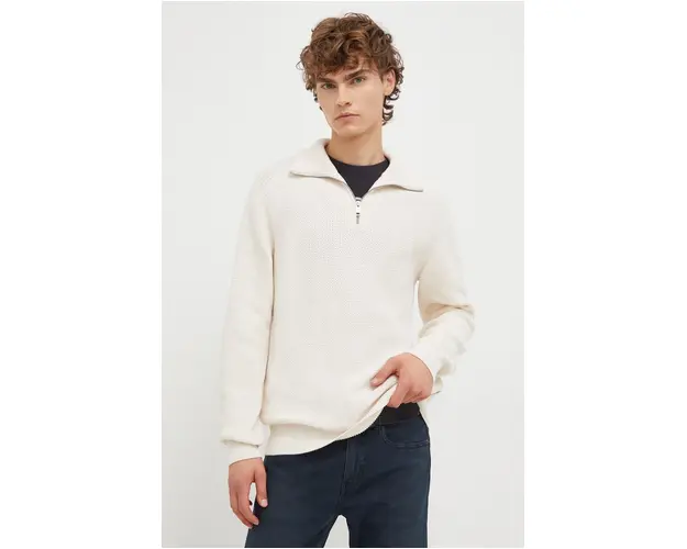 Marc O'Polo pulover de bumbac culoarea bej, cu turtleneck