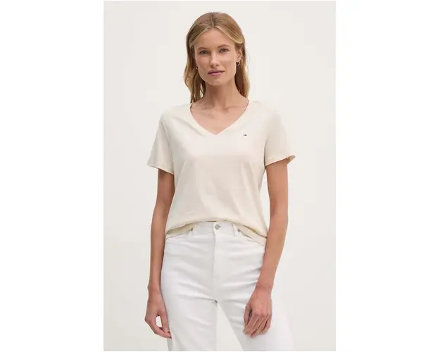 Tommy Jeans tricou din bumbac femei, culoarea bej