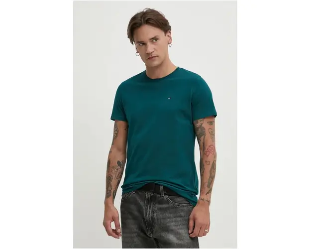 Tommy Jeans tricou din bumbac barbati, culoarea turcoaz, neted, DM0DM04411