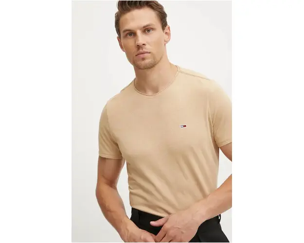 Tommy Jeans tricou barbati, culoarea maro, neted, DM0DM09586