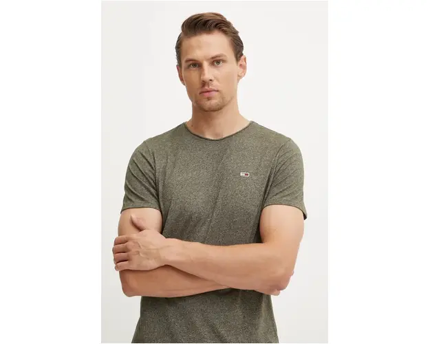 Tommy Jeans tricou barbati, culoarea verde, neted, DM0DM09586