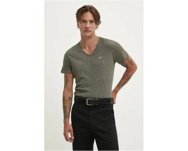 Tommy Jeans tricou barbati, culoarea verde, melanj