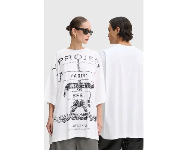 Y/Project tricou din bumbac EVERGREEN PARIS' BEST PINCHED T-SHIRT culoarea alb, cu imprimeu, 204TS002