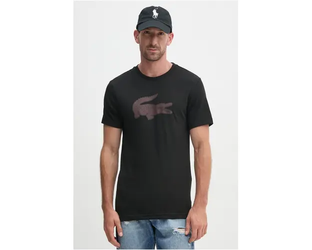 Lacoste tricou barbati, culoarea negru, cu imprimeu