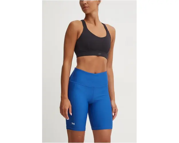 Under Armour pantaloni scurti de antrenament femei, culoarea albastru marin, neted, high waist