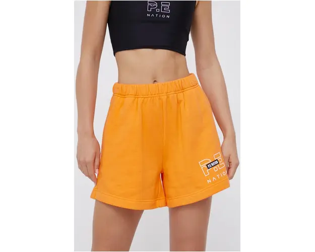 P.E Nation Pantaloni scurti din bumbac femei, culoarea portocaliu, material neted, high waist
