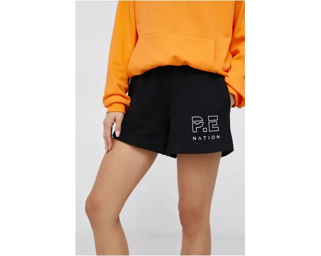 P.E Nation Pantaloni scurti din bumbac femei, culoarea negru, material neted, high waist