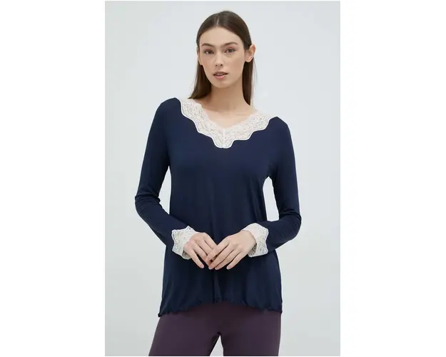 United Colors of Benetton longsleeve de pijama culoarea albastru marin