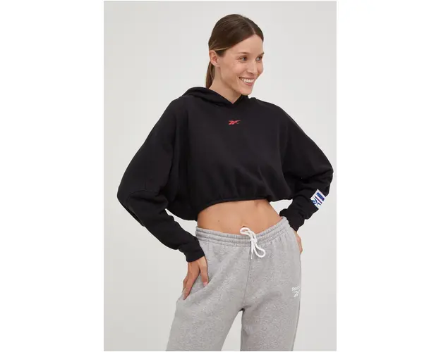 Reebok bluza femei, culoarea negru, cu imprimeu