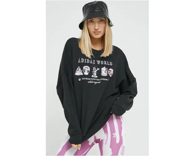adidas Originals hanorac de bumbac femei, culoarea negru, cu imprimeu