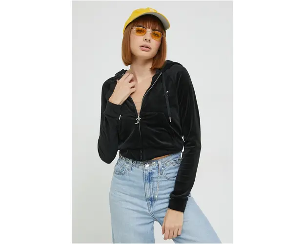 Juicy Couture bluza femei, culoarea negru, cu gluga, cu imprimeu