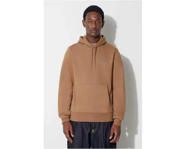 Lacoste bluza culoarea maro, cu gluga, neted