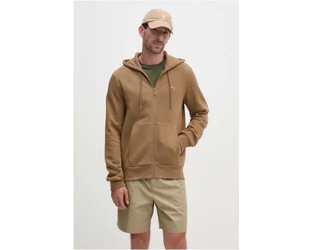 Lacoste bluza barbati, culoarea maro, cu gluga, neted