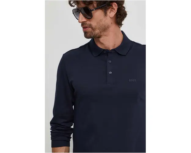 BOSS longsleeve din bumbac culoarea albastru marin, neted, 50468392