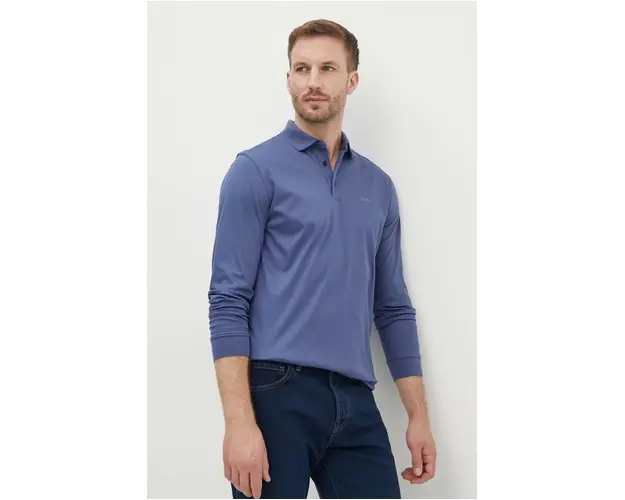 BOSS longsleeve din bumbac culoarea albastru marin, neted, 50468392